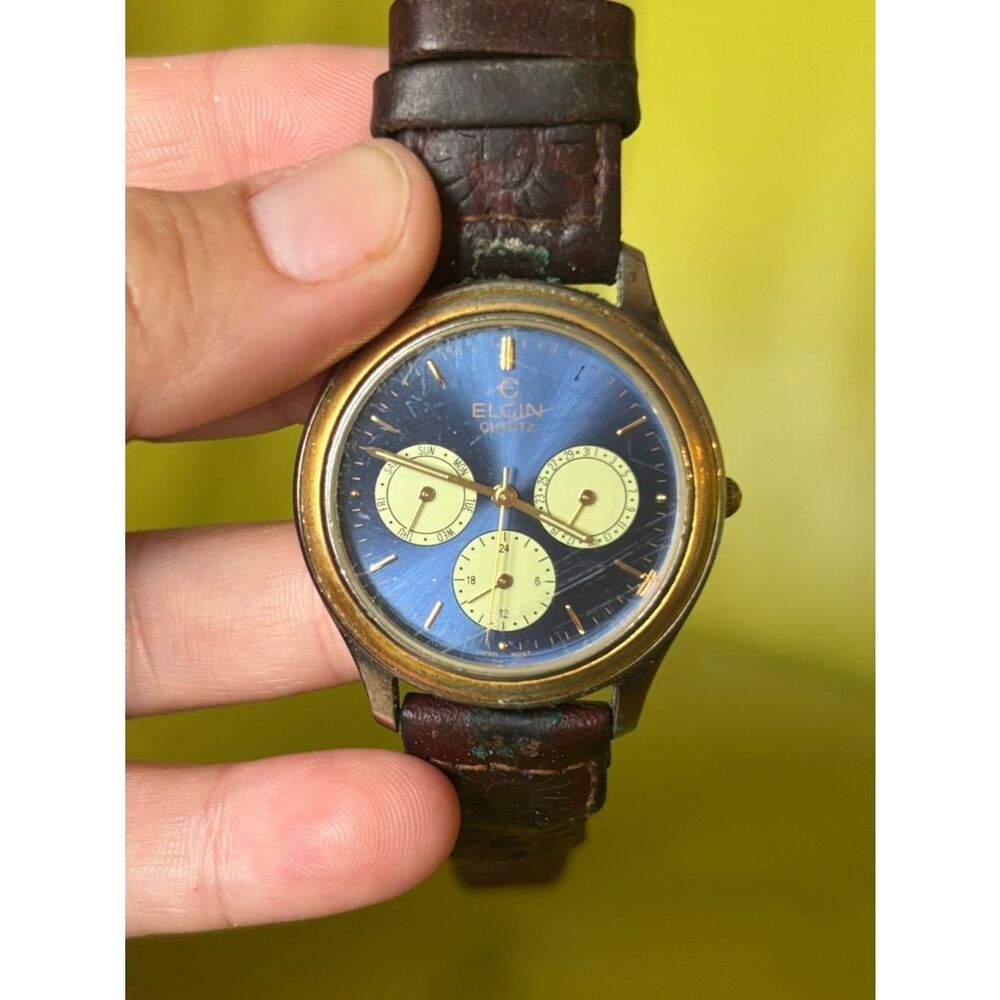 Vintage Elgin Quartz Watch Blue Dial Gold Tone Brown Leather Braided Band